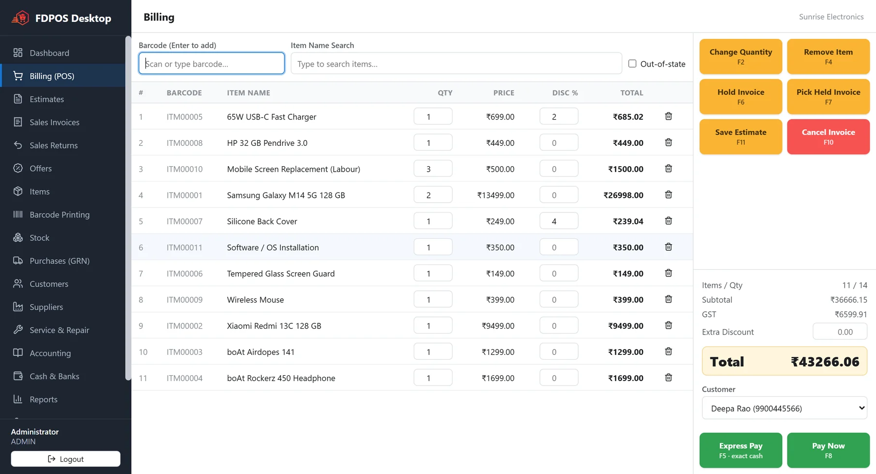 The FDPOS billing screen with four items in the cart and a running GST total